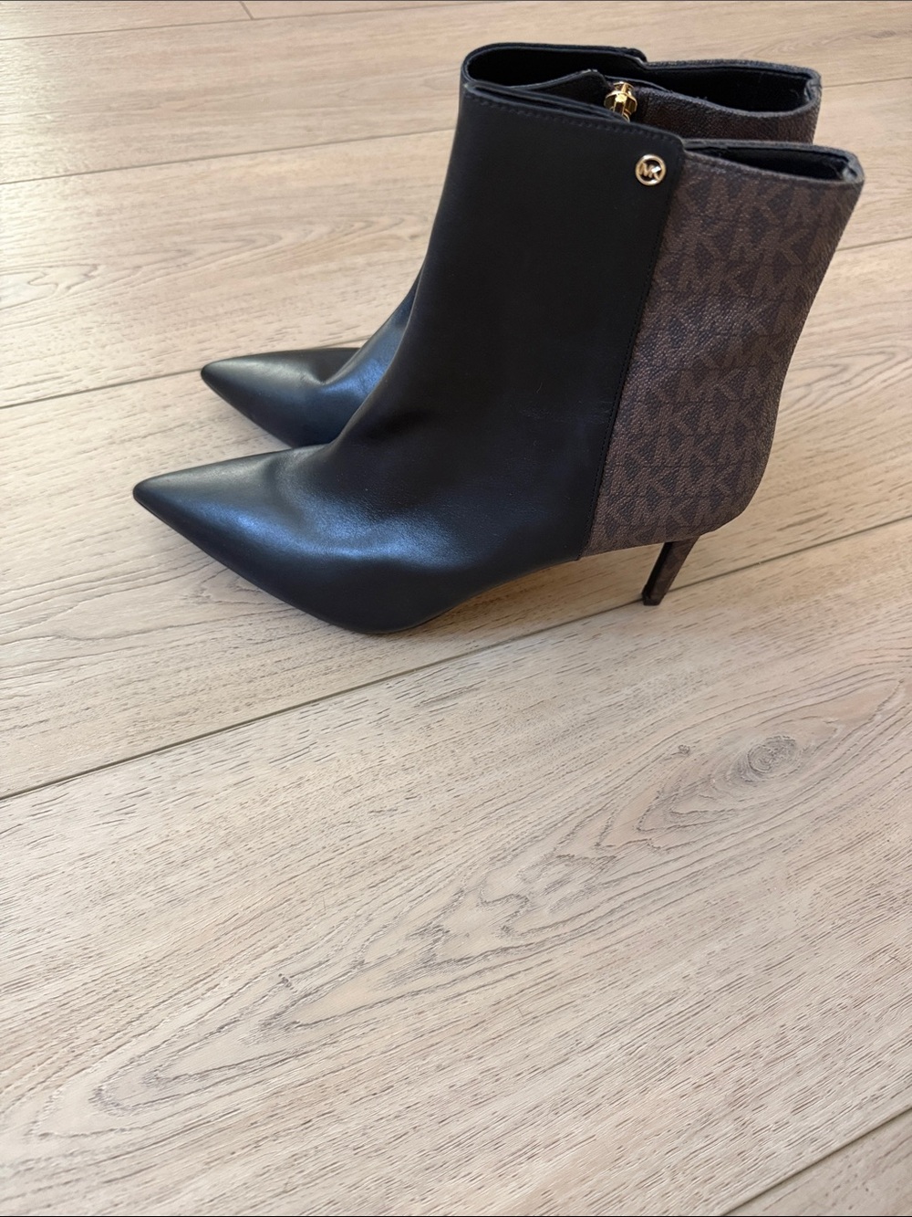 MICHAEL Michael Kors Black Leather & Logo Canvas Pointed Ankle Boots